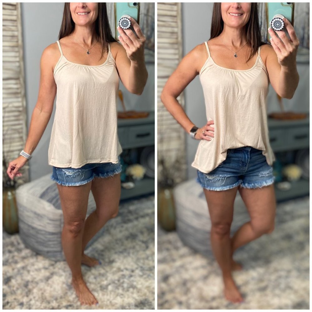 ❤️‍🔥Scoop Neck Spaghetti Strap Floaty Textured Tank Shirt Top Tan 2322